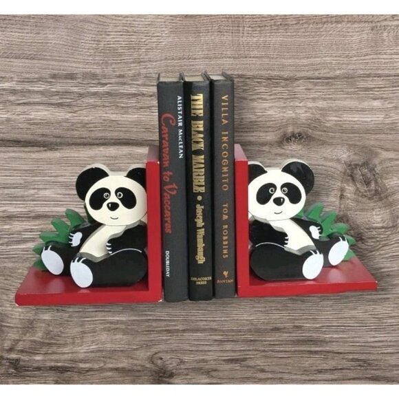 Panda Bear Bookends Nursery Childrens Decor Pair Primary Colors Sassafras Vtg - Picture 1 of 16